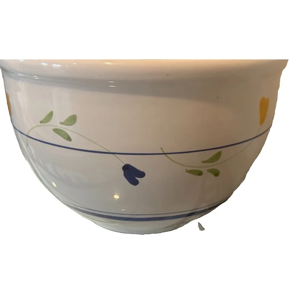 Vintage Italy Nesting Ceramic Mixing Bowl Set 3pc Floral Blue Line Stoneware Pot